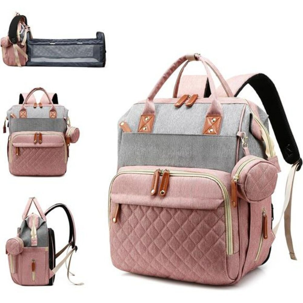 Pink Grey Diaper Bag Backpack with Changing Station Waterproof Baby Travel Bag